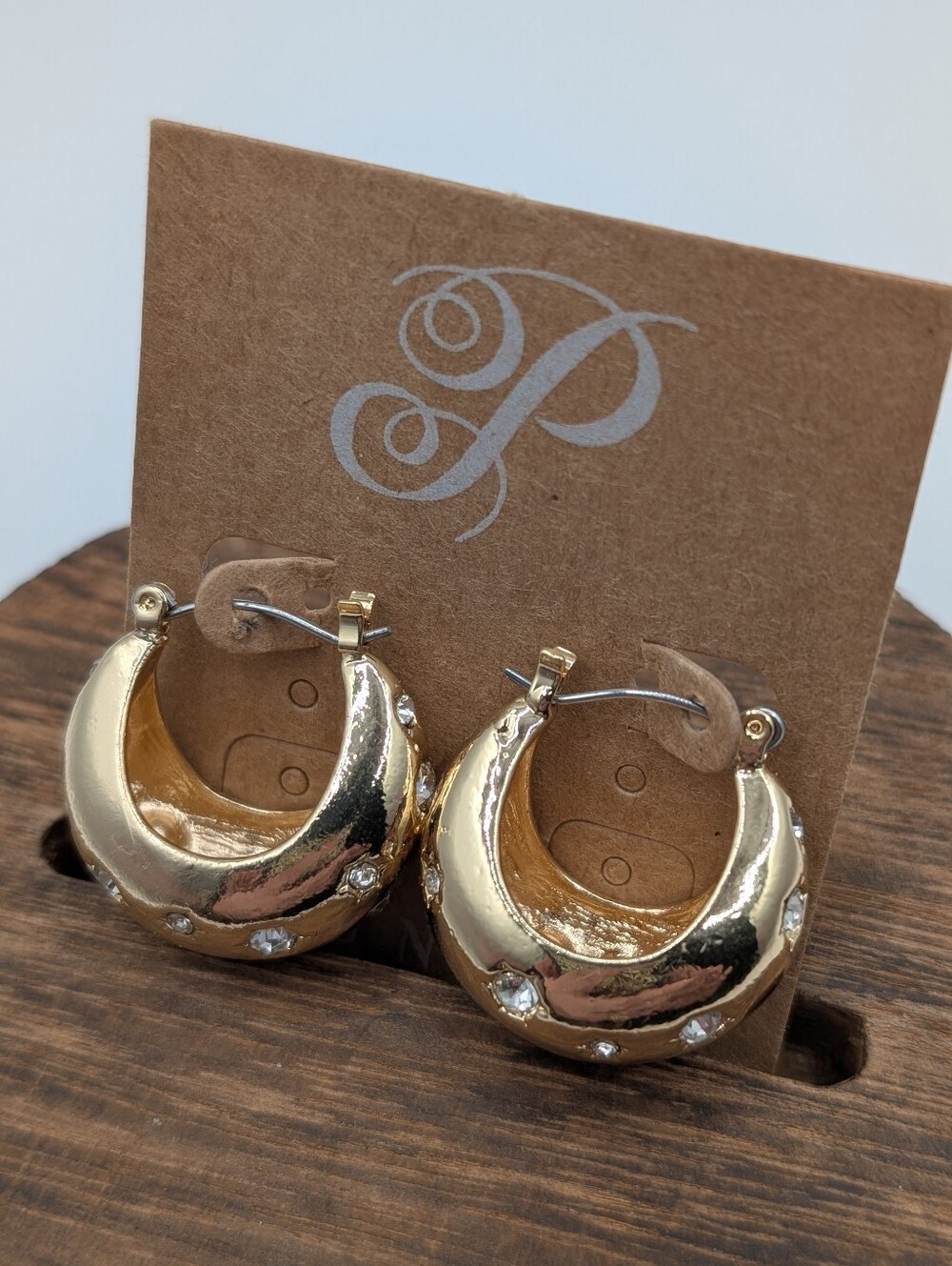 Plunder Design Chunky Gold Dome Half Hoop Earrings w/ Starburst Crystals